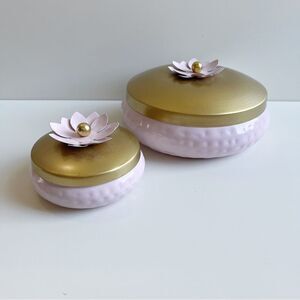 Pink and Gold Decorative Metal Containers with Removable Lids | Set of 2